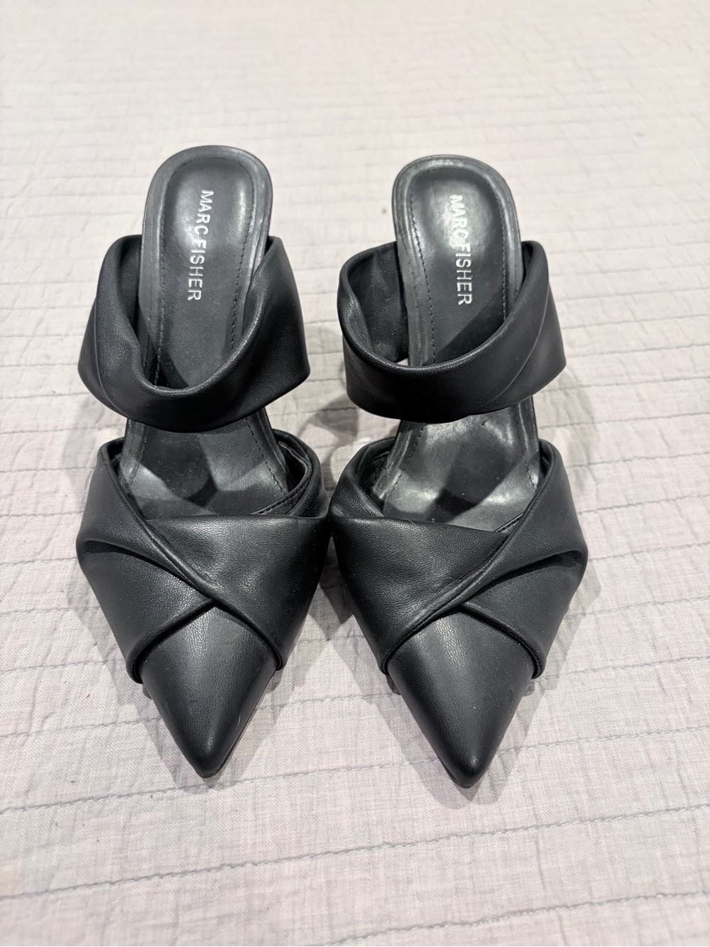 Marc Fisher Black Pointed Leather Crossover Mule Heels